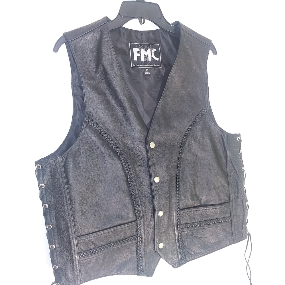 FMC Mens Leather Vest Motorcycle Jacket Sleeveless
